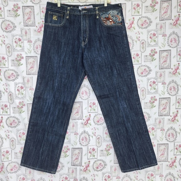 Mens Dark Wash Denim Jeans Embroidered Koi Fish Wave Baggy Y2K Streetwear 38x34 - Picture 3 of 7